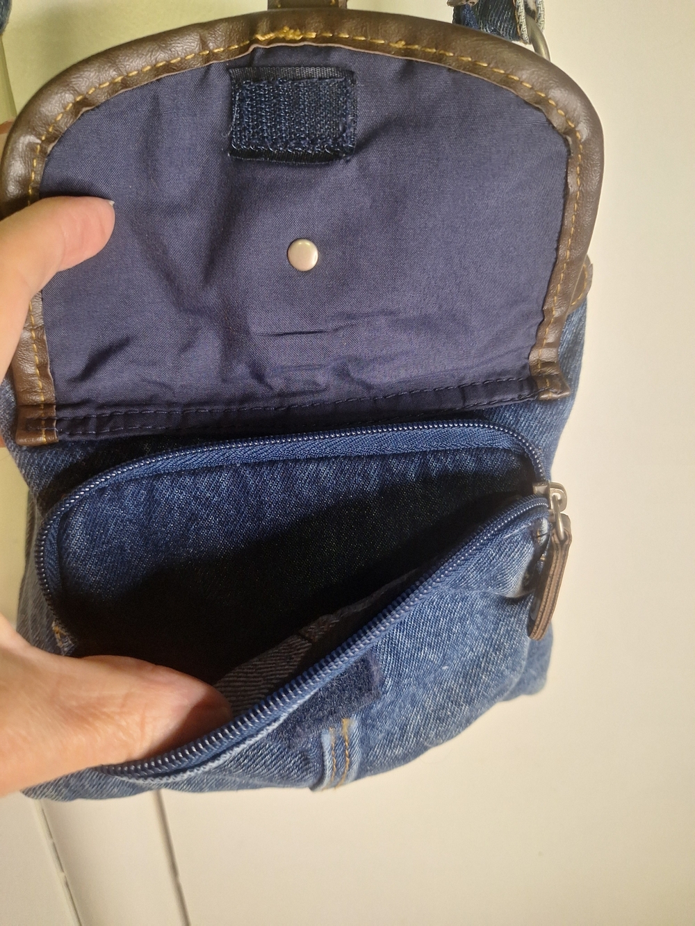 Casual Denim Crossbody Bag with Brown Trim -3 Different Pockets. - Picture 3 of 4
